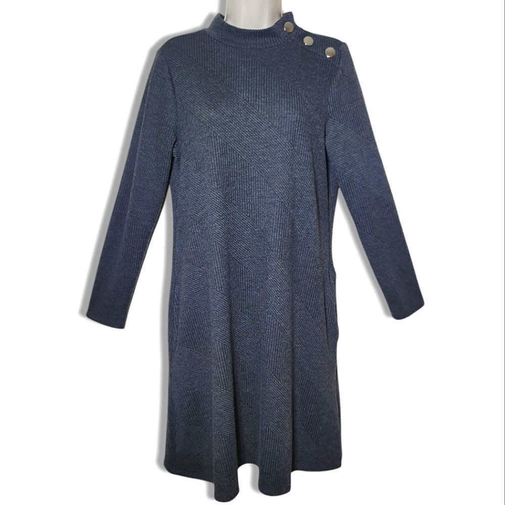 Spense Grey Long Sleeve Crew Neck Pocket Snap Button Detailed RIbbed Dress